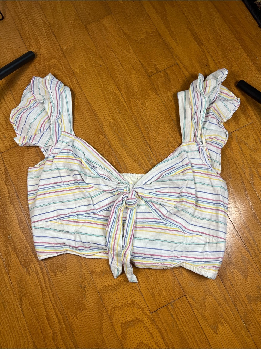 Anthropologie MAEVE White Cropped Tie-Front Top with Pastel Stripes